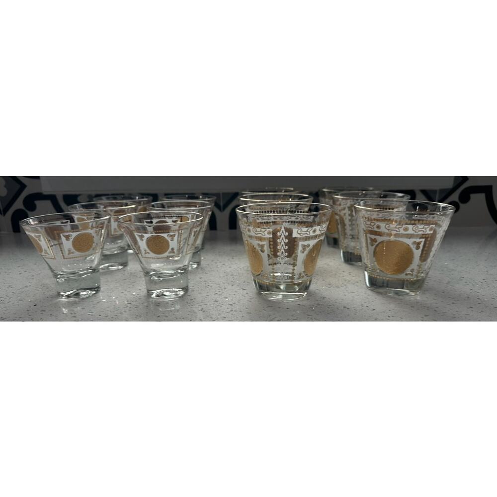 Vtg Midcentury MCM Aztec Gold Medallion Hazelware 12 Piece Glasses & Shot Glass